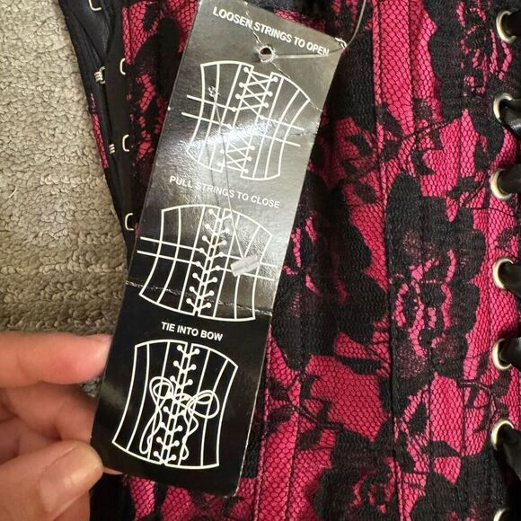 Hot Pink Black Lace Steel Boned Lace Up Back Corset Size 22 NWT - Picture 4 of 10